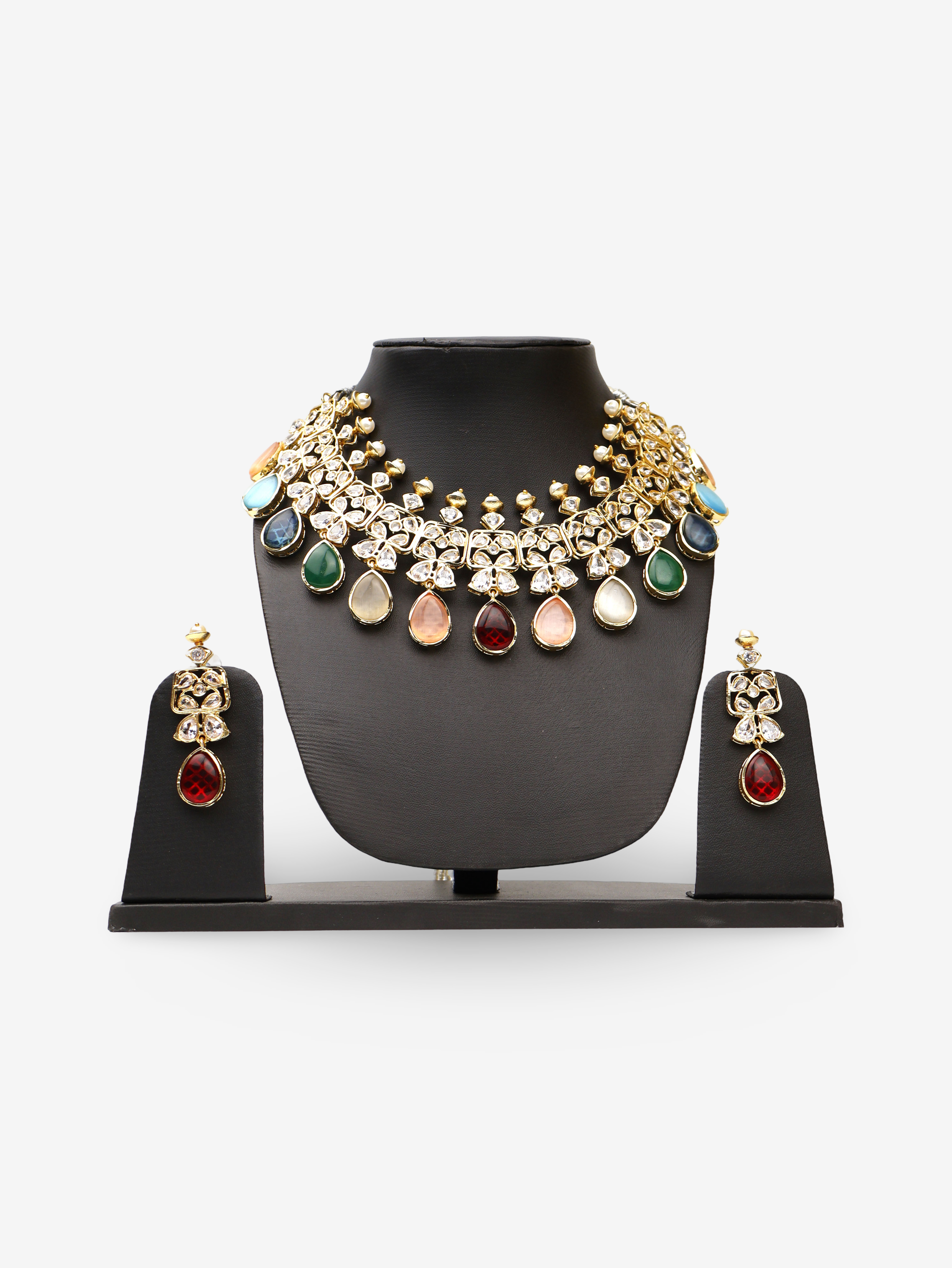Polki and Multi Color Monalisa Stones Necklace with Earrings Fashion Jewelry for Party Festival Wedding Occasion in Noida