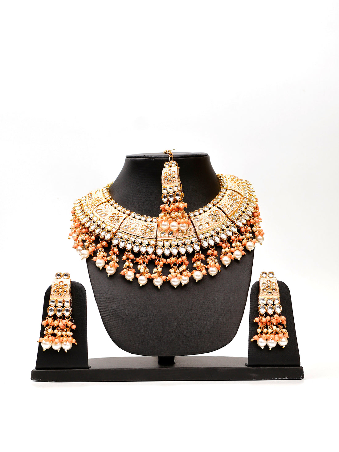 Peach Meenakari Kundan &amp; Pearl Necklace Set with Earrings &amp; Mang Tikka Fashion Jewelry for Party Festival Wedding Occasion in Noida