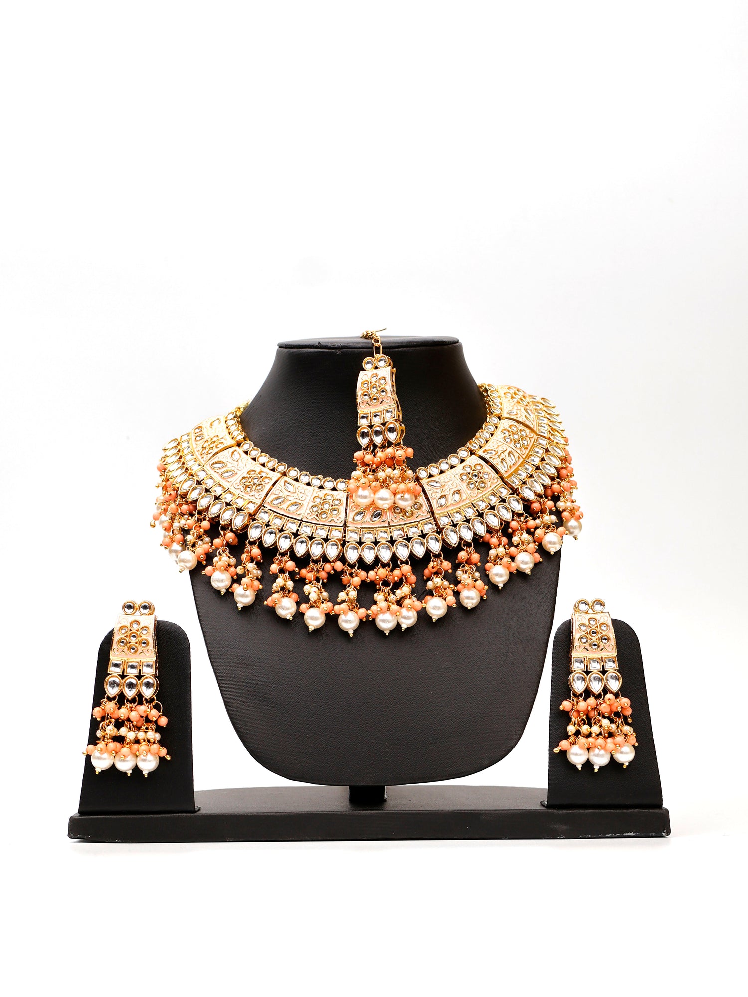 Peach Meenakari Kundan &amp; Pearl Necklace Set with Earrings &amp; Mang Tikka Fashion Jewelry for Party Festival Wedding Occasion in Noida