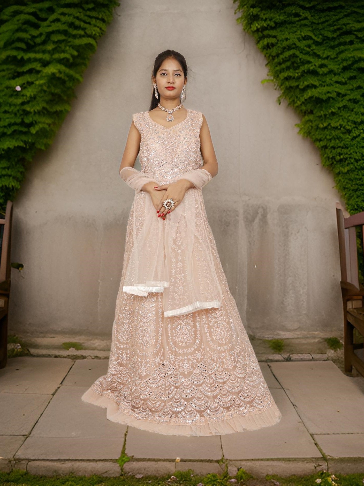 Gown with Thread Work &amp; Stones by Shreekama Peach Designer Gowns for Party Festival Wedding Occasion in Noida