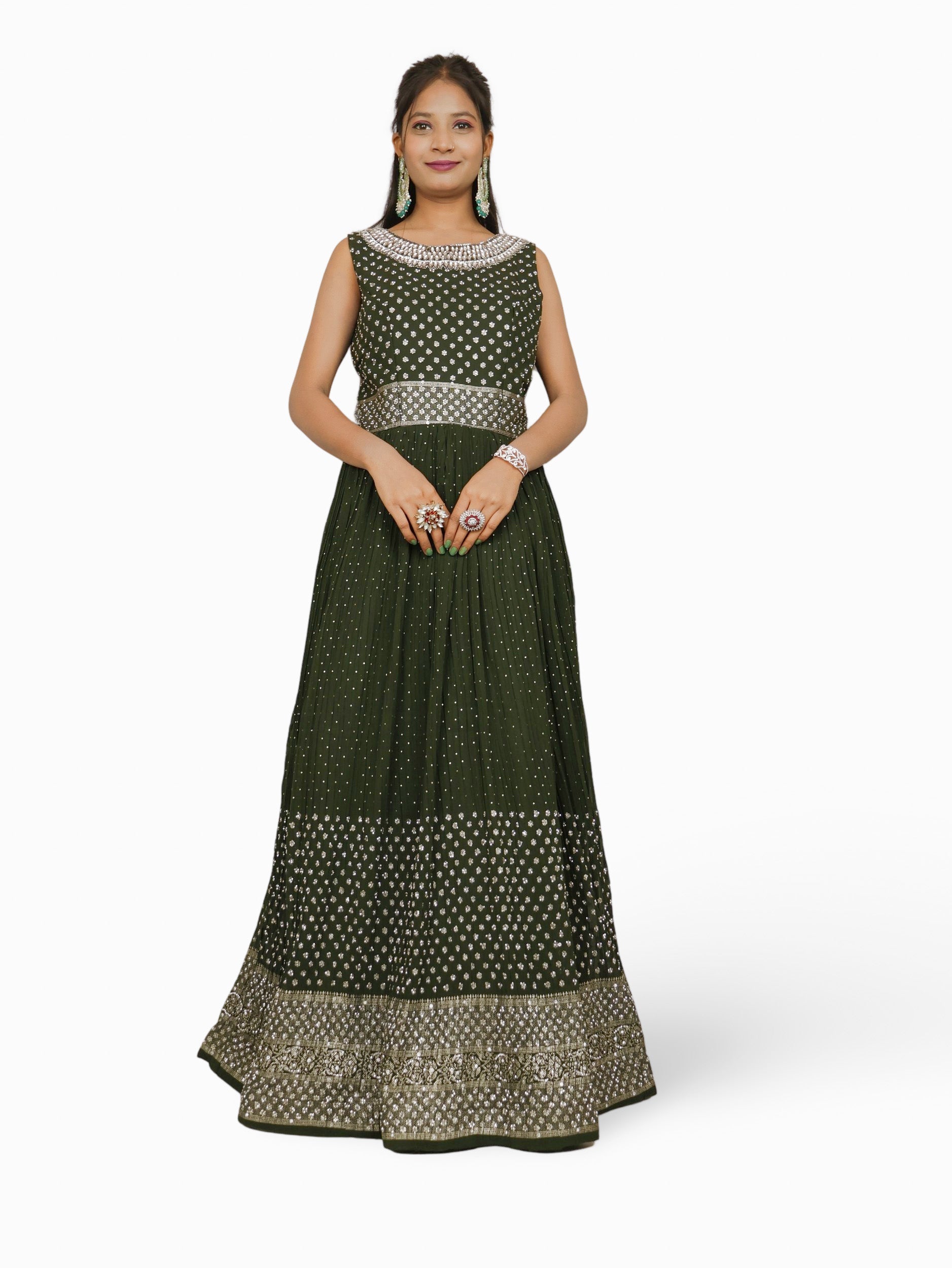 Gown with Stone &amp; Kundan Work by Shreekama Dark Green Designer Gowns for Party Festival Wedding Occasion in Noida