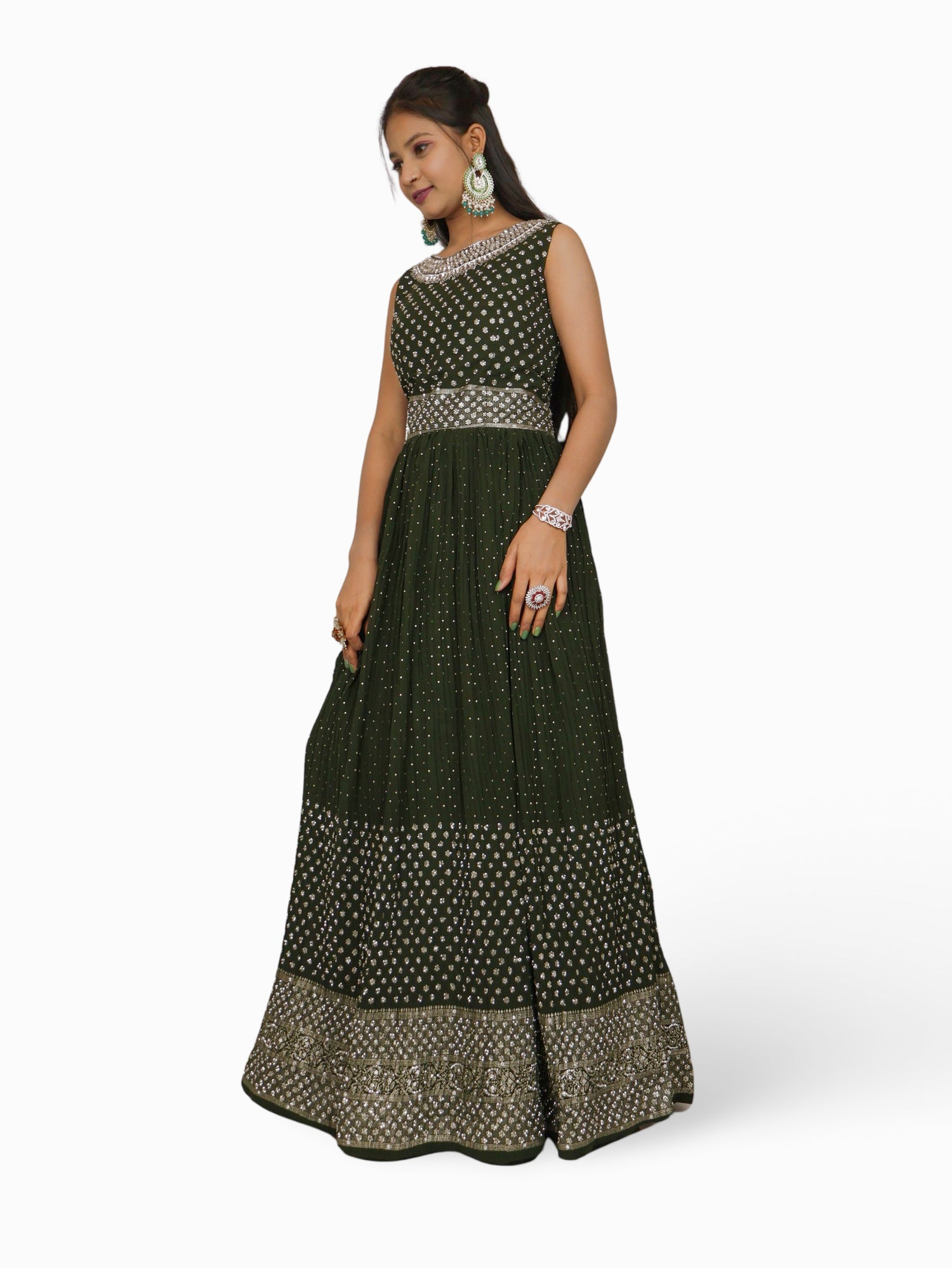 Gown with Stone &amp; Kundan Work by Shreekama Dark Green Designer Gowns for Party Festival Wedding Occasion in Noida