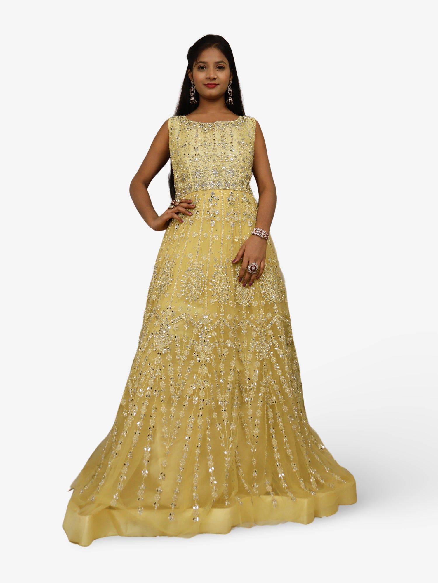 Net Fabric Gown with Pearl &amp; Embroidery by Shreekama Lemon Yellow Designer Gowns for Party Festival Wedding Occasion in Noida