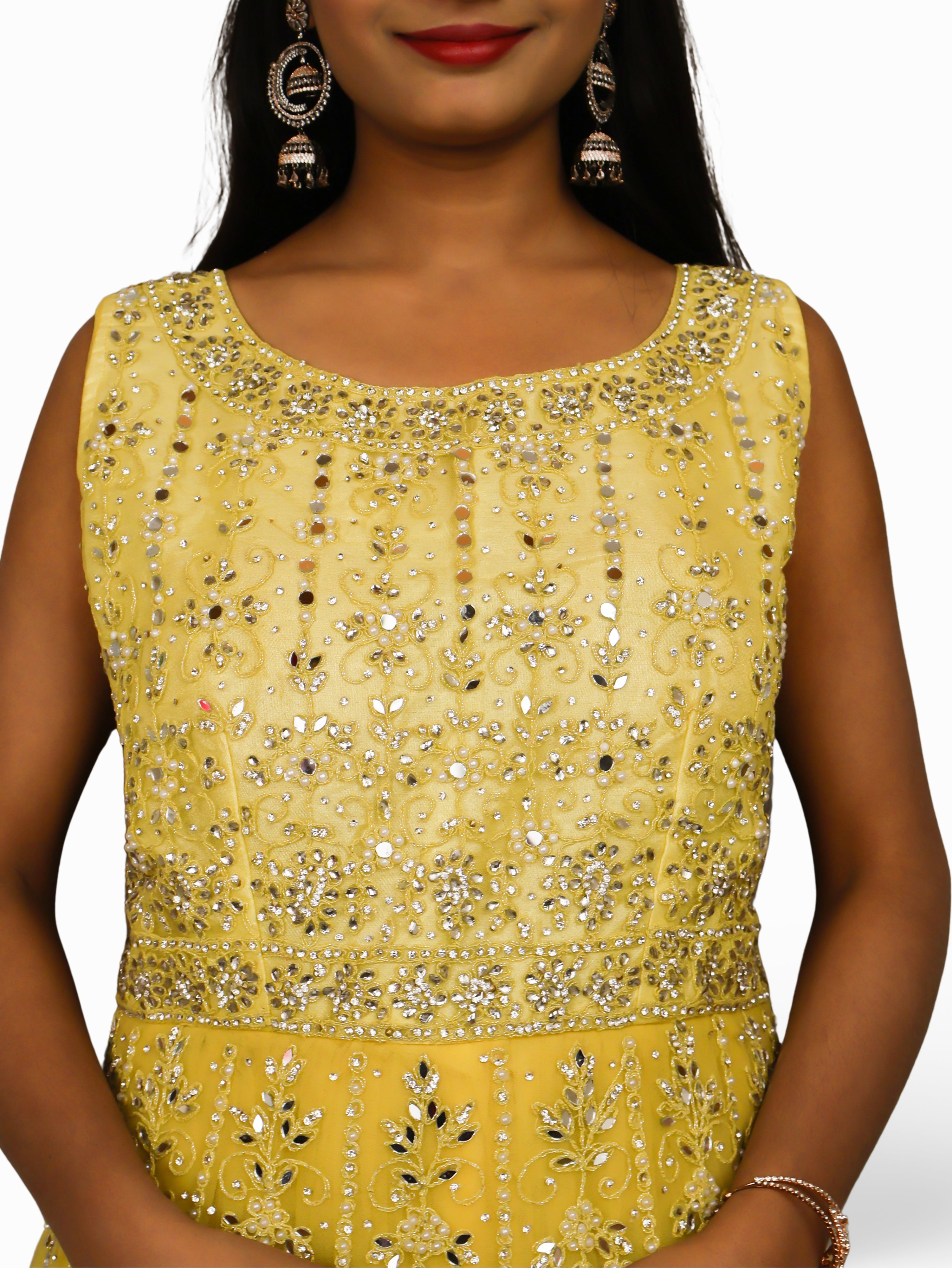 Net Fabric Gown with Pearl &amp; Embroidery by Shreekama Lemon Yellow Designer Gowns for Party Festival Wedding Occasion in Noida