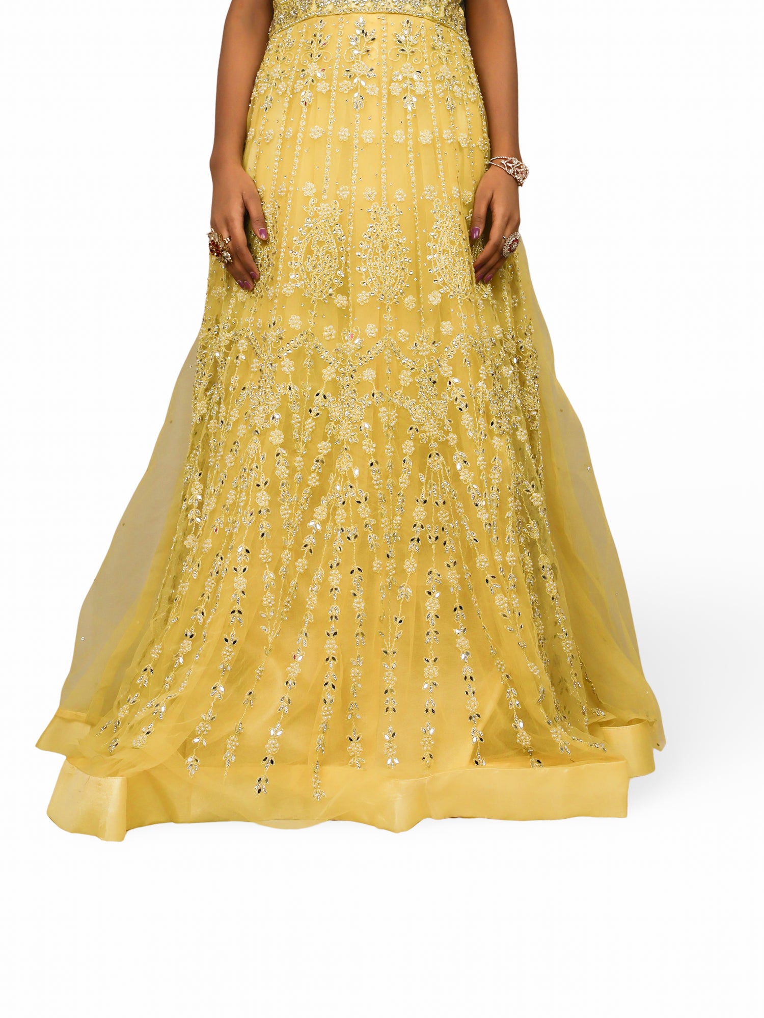 Net Fabric Gown with Pearl &amp; Embroidery by Shreekama Lemon Yellow Designer Gowns for Party Festival Wedding Occasion in Noida