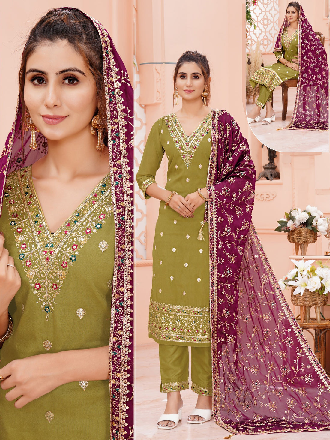 Woman Straight Suit Set with Pant-Dupatta