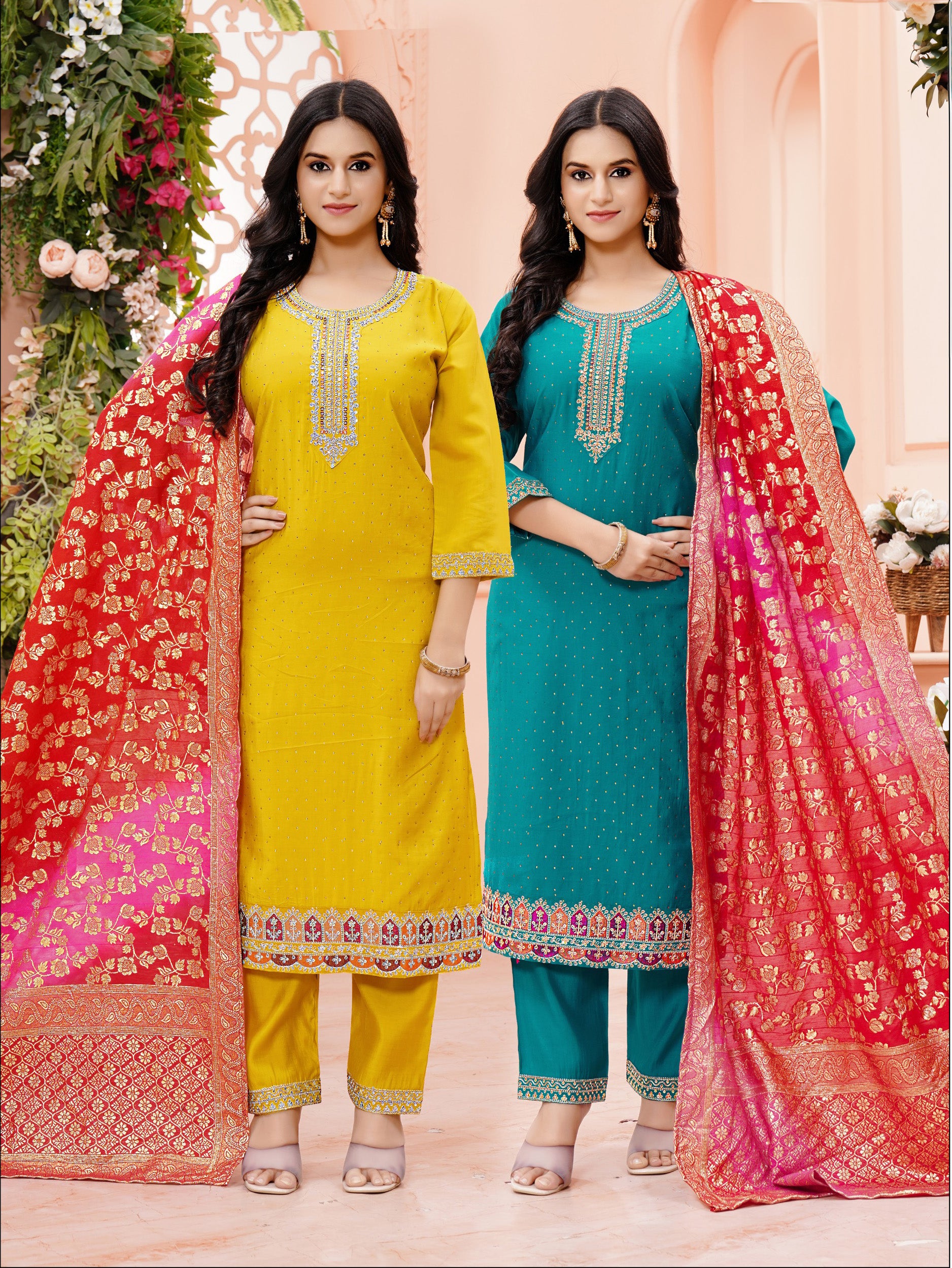 Woman Straight Suit Set with Pant-Dupatta