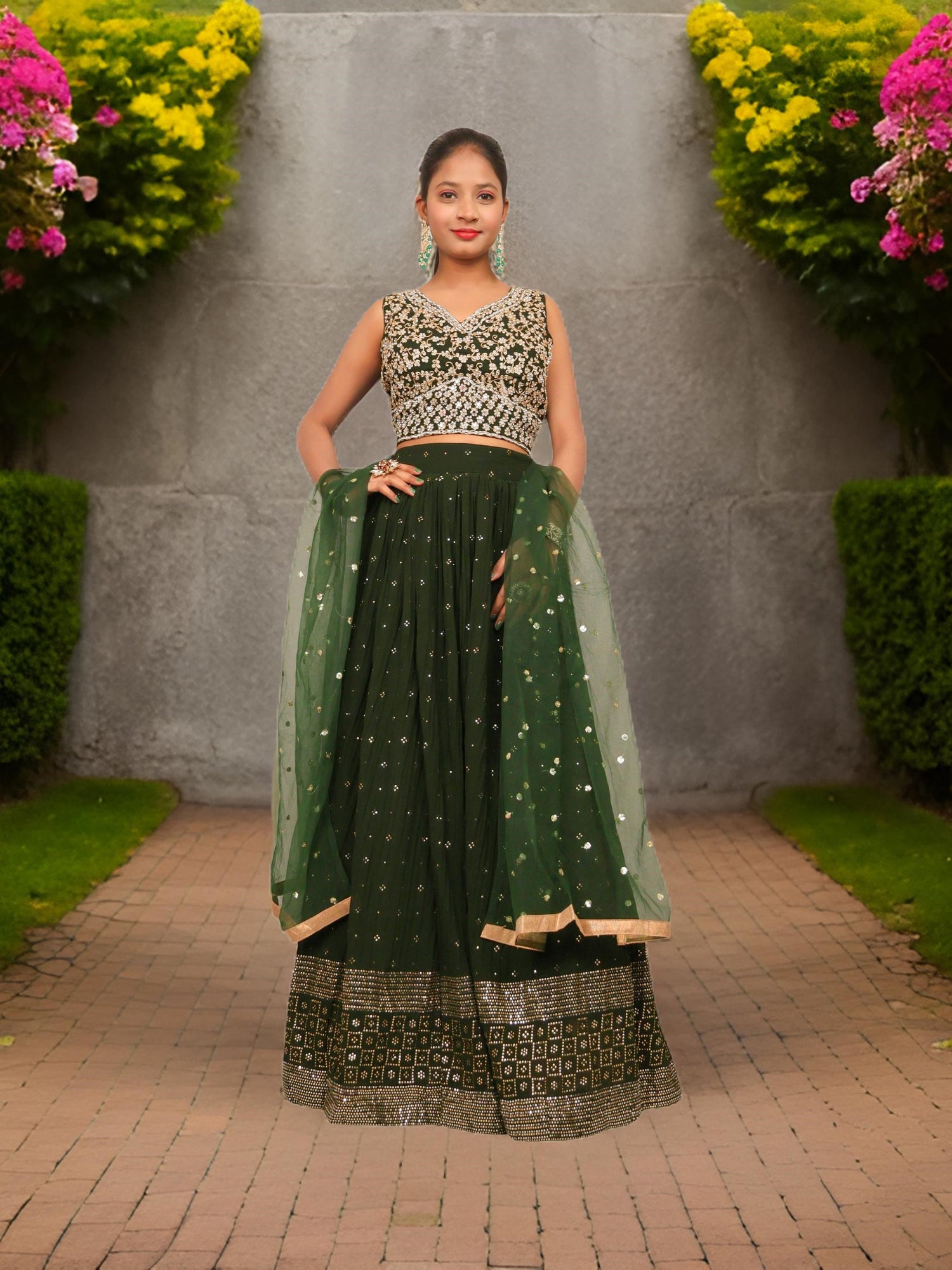 Designer Lehenga &amp; choli with dupatta for Women by Shreekama Dark Green Designer Lehenga for Party Festival Wedding Occasion in Noida