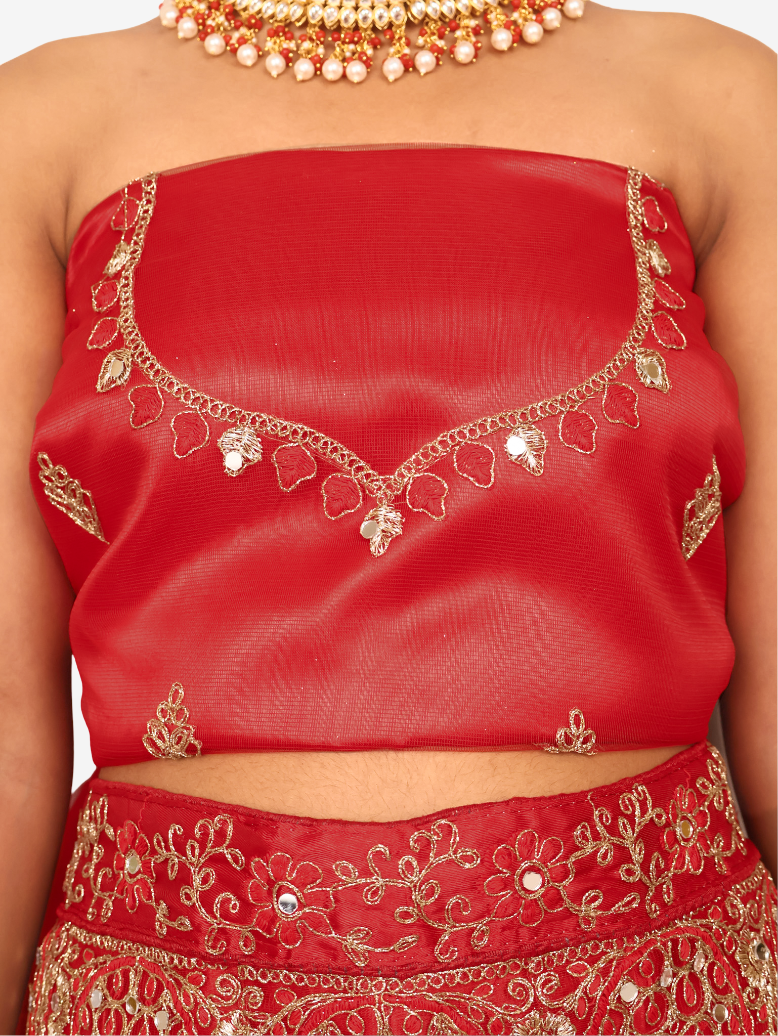 Semi-Stitched Lehenga Embroidery &amp; Zari Thread Work by Shreekama Red Semi-Stitched Lehenga for Party Festival Wedding Occasion in Noida