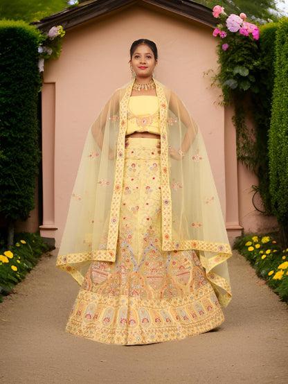 Semi-Stitched Lehenga Embroidery &amp; Zari Thread Work by Shreekama Lemon Yellow Semi-Stitched Lehenga for Party Festival Wedding Occasion in Noida