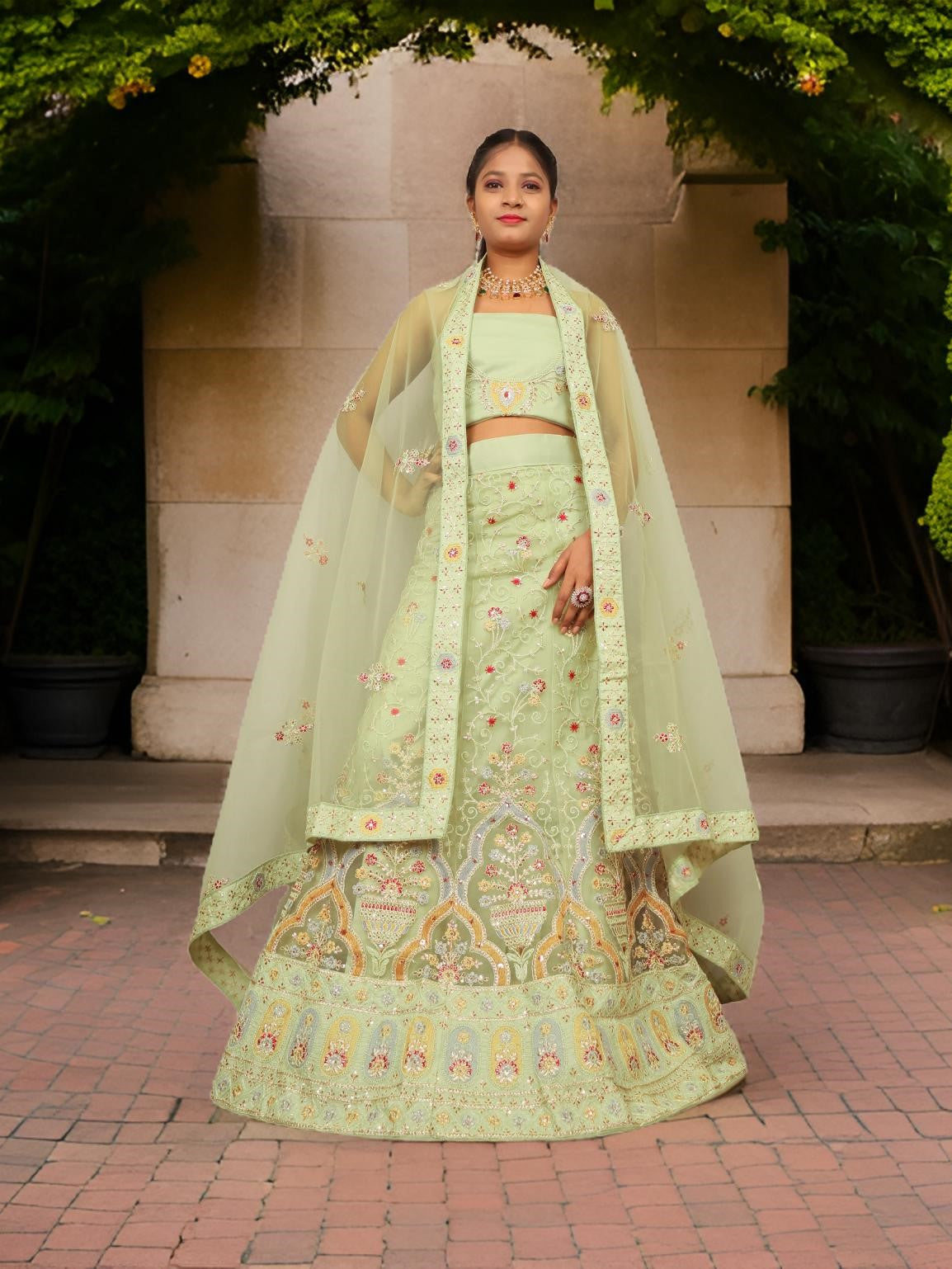 Semi-Stitched Lehenga Embroidery &amp; Zari Thread Work by Shreekama Pista Green Semi-Stitched Lehenga for Party Festival Wedding Occasion in Noida