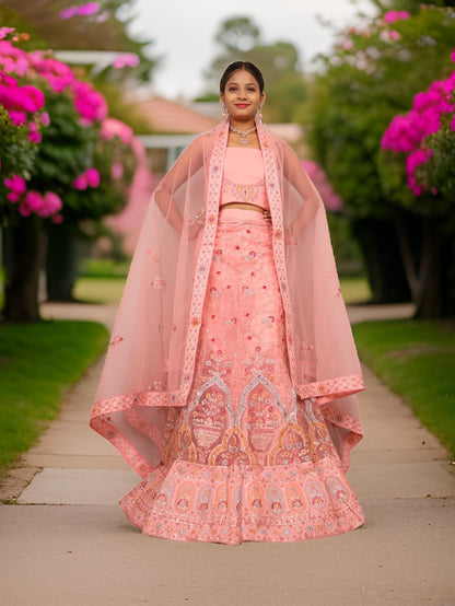 Semi-Stitched Lehenga Embroidery &amp; Zari Thread Work by Shreekama Light Pink Semi-Stitched Lehenga for Party Festival Wedding Occasion in Noida