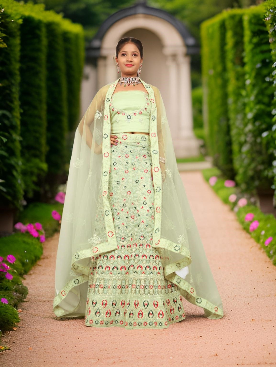 Semi-Stiched Lehenga with Soft Net Fabric &amp; Zari Thread Work by Shreekama Pista Green Semi-Stitched Lehenga for Party Festival Wedding Occasion in Noida