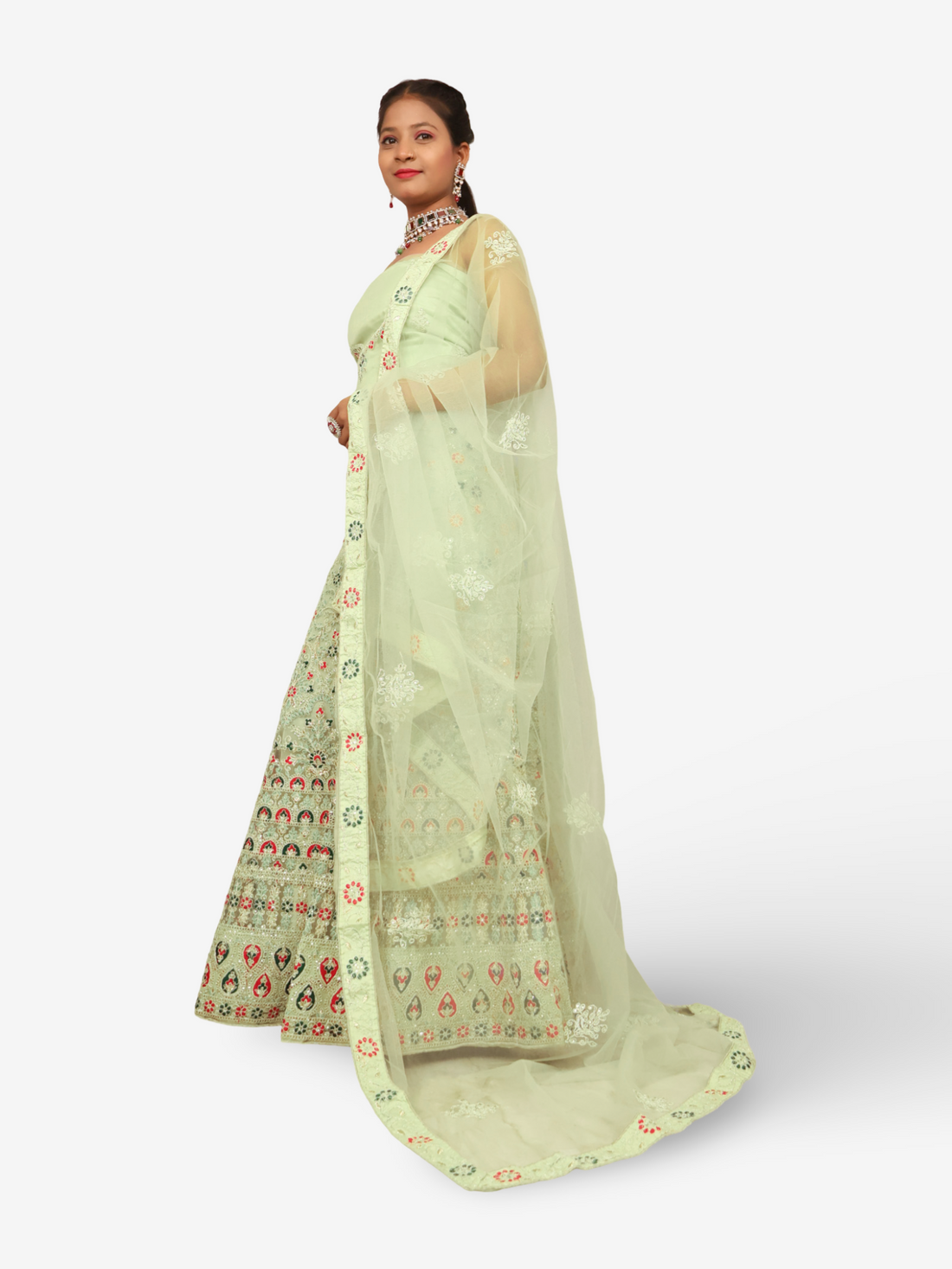 Semi-Stiched Lehenga with Soft Net Fabric &amp; Zari Thread Work by Shreekama Pista Green Semi-Stitched Lehenga for Party Festival Wedding Occasion in Noida