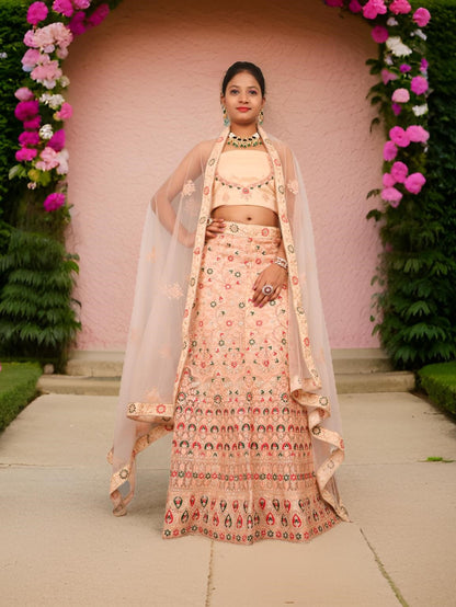 Semi-Stiched Lehenga with Soft Net Fabric &amp; Zari Thread Work by Shreekama Peach Semi-Stitched Lehenga for Party Festival Wedding Occasion in Noida