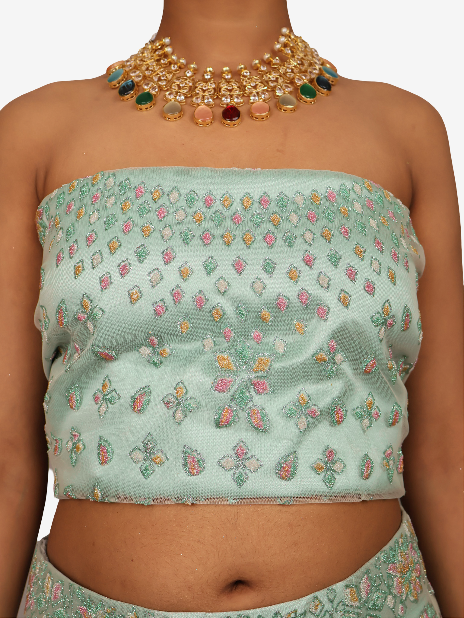 Semi-Stitched Lehenga with Soft Net Fabric &amp; Multi beads work by Shreekama Mint Green Semi-Stitched Lehenga for Party Festival Wedding Occasion in Noida
