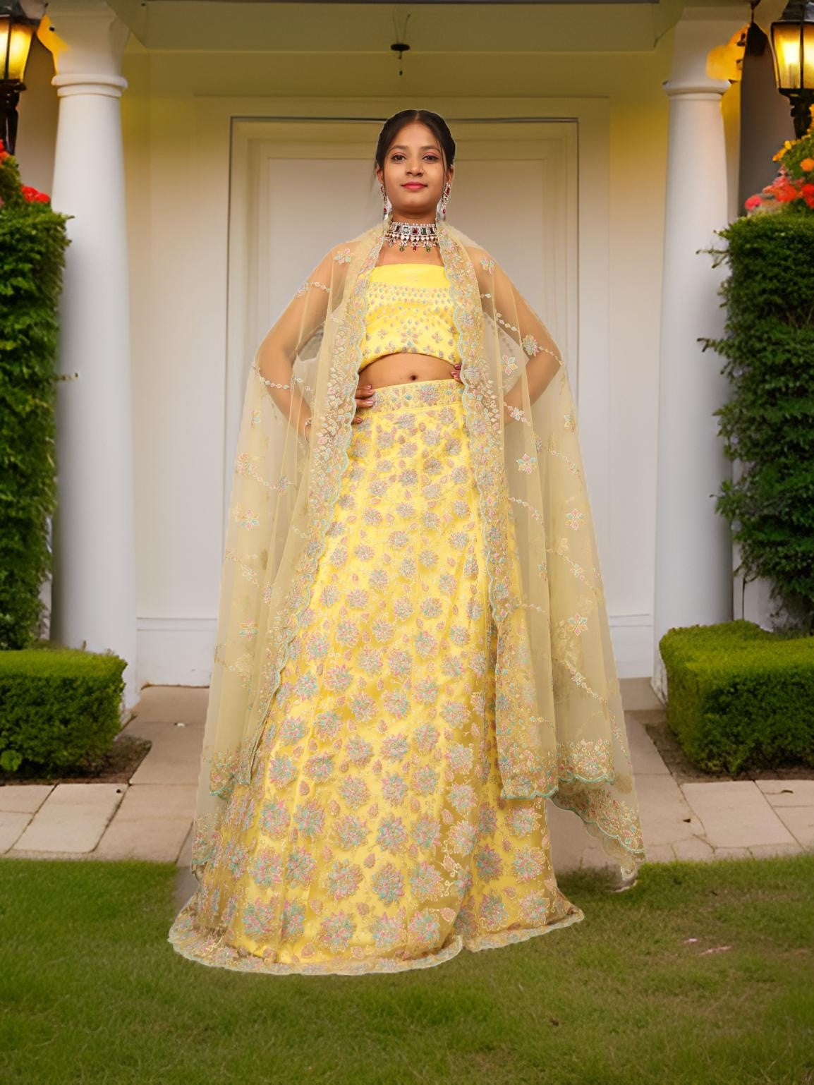 Semi-Stitched Lehenga with Soft Net Fabric &amp; Multi beads work by Shreekama Lemon Yellow Semi-Stitched Lehenga for Party Festival Wedding Occasion in Noida