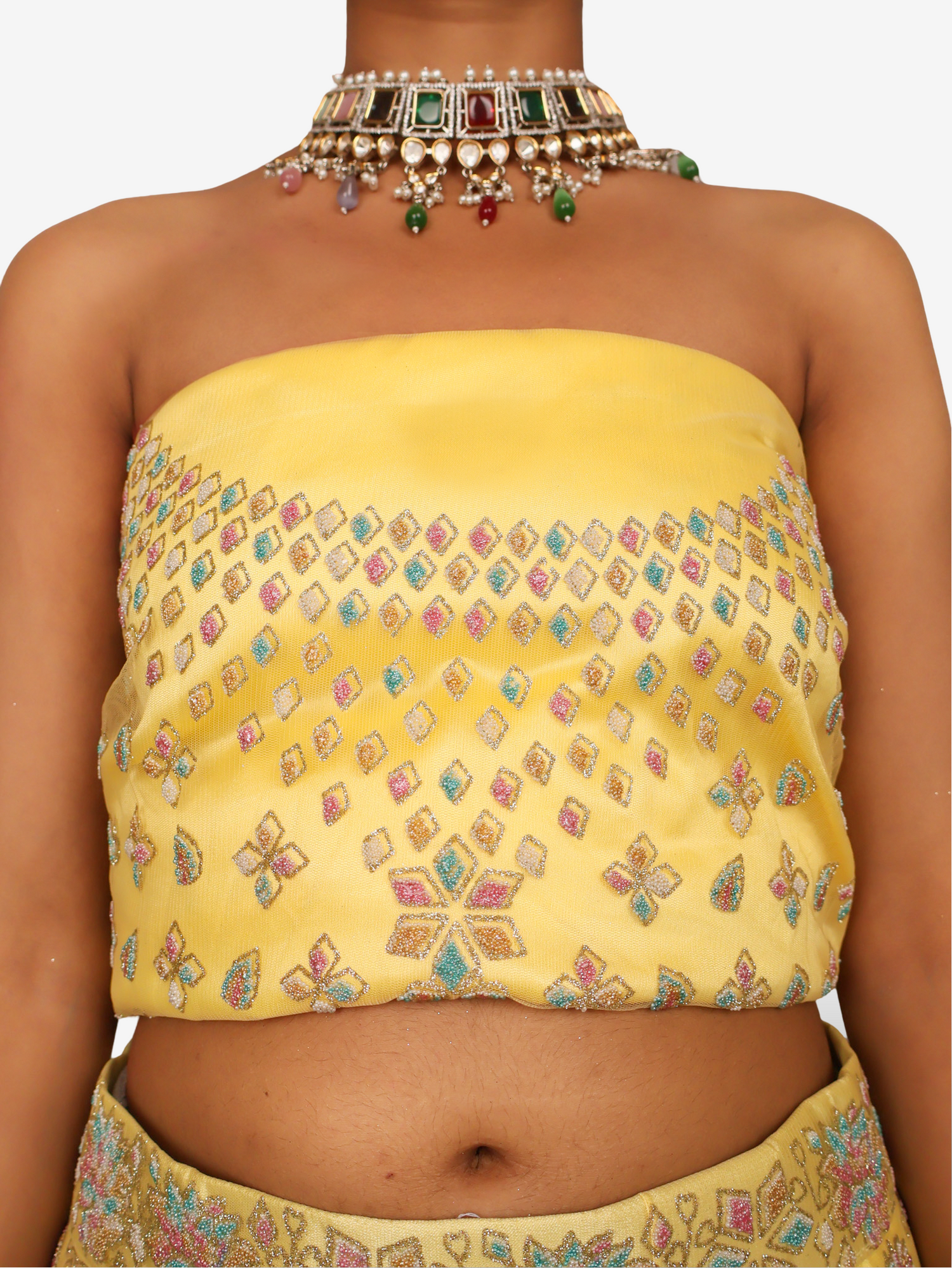 Semi-Stitched Lehenga with Soft Net Fabric &amp; Multi beads work by Shreekama Lemon Yellow Semi-Stitched Lehenga for Party Festival Wedding Occasion in Noida