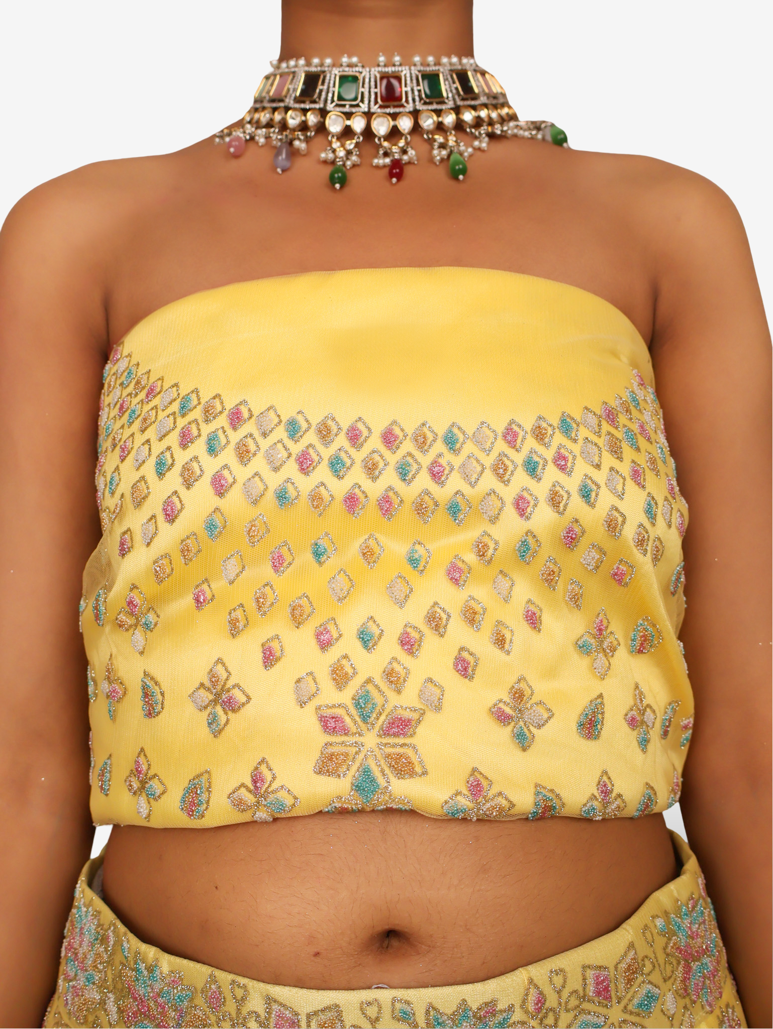 Semi-Stitched Lehenga with Soft Net Fabric &amp; Multi beads work by Shreekama Lemon Yellow Semi-Stitched Lehenga for Party Festival Wedding Occasion in Noida