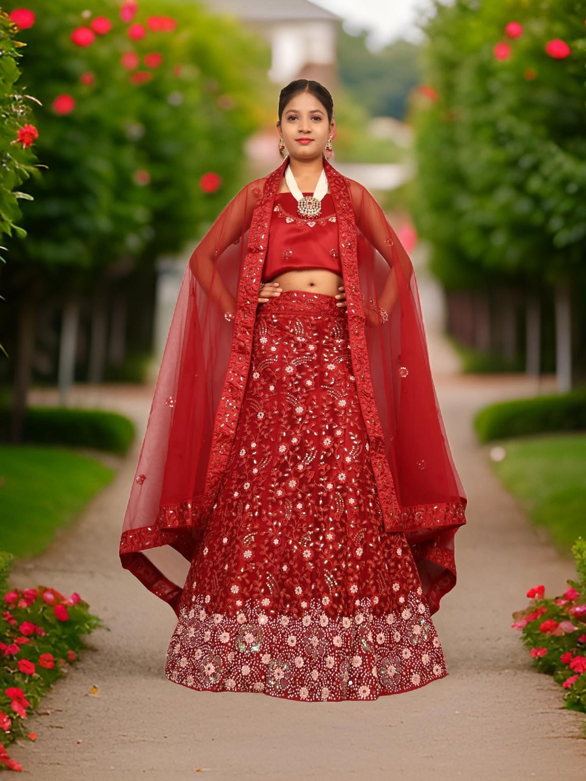 Semi-Stitched Lehenga with Sequin &amp; Embroidery Work by Shreekama Maroon Semi-Stitched Lehenga for Party Festival Wedding Occasion in Noida