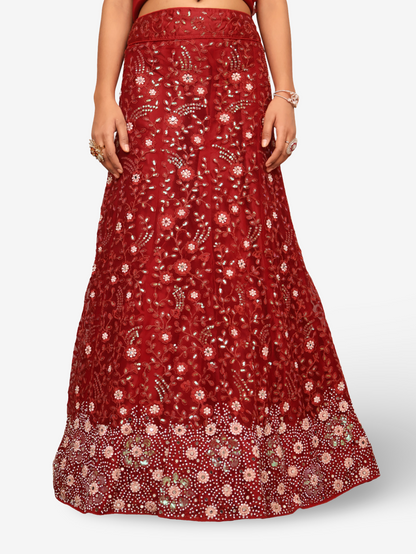 Semi-Stitched Lehenga with Sequin &amp; Embroidery Work by Shreekama Maroon Semi-Stitched Lehenga for Party Festival Wedding Occasion in Noida