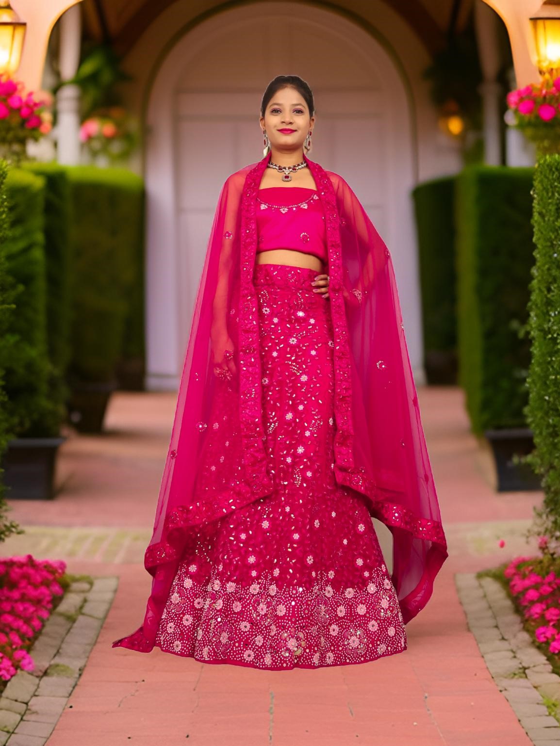Semi-Stitched Lehenga with Sequin &amp; Embroidery Work by Shreekama Magenta Pink Semi-Stitched Lehenga for Party Festival Wedding Occasion in Noida