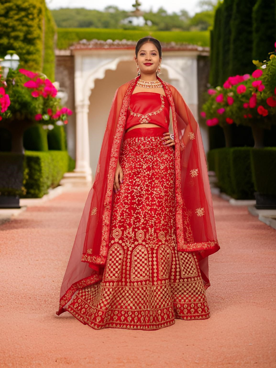 Semi-Stitched Lehenga with Soft Net Fabric &amp; Zari Thread Work by Shreekama Red Semi-Stitched Lehenga for Party Festival Wedding Occasion in Noida