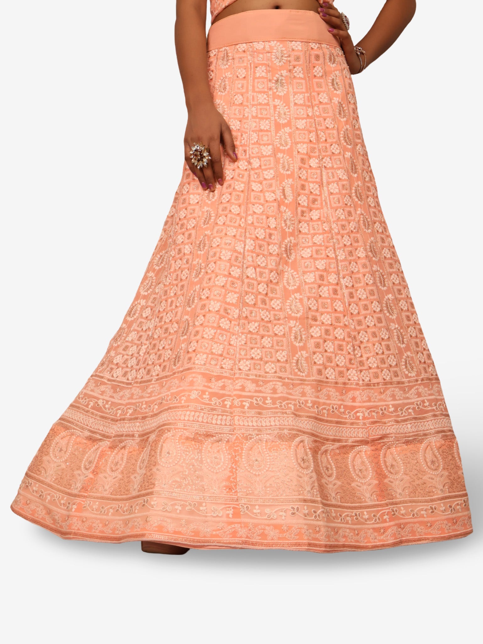 Semi-Stitched Lehenga with Embroidery &amp; Golden Sequin work by Shreekama Peach Semi-Stitched Lehenga for Party Festival Wedding Occasion in Noida