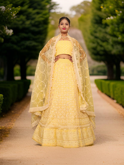 Semi-Stitched Lehenga with Embroidery &amp; Golden Sequin work by Shreekama Yellow Semi-Stitched Lehenga for Party Festival Wedding Occasion in Noida