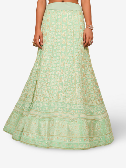 Semi-Stitched Lehenga with Embroidery &amp; Golden Sequin work by Shreekama D. Pista Green Semi-Stitched Lehenga for Party Festival Wedding Occasion in Noida