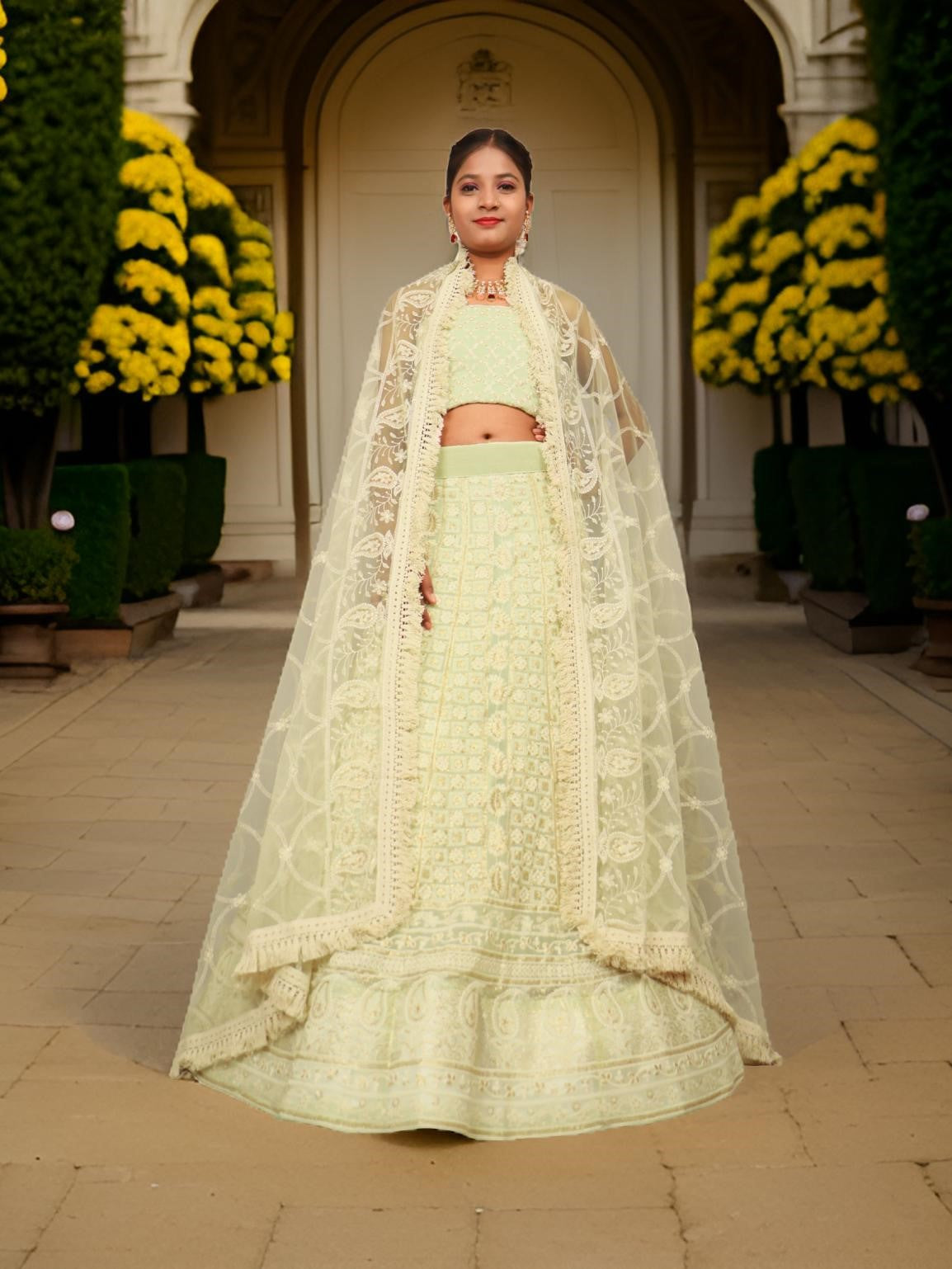 Semi-Stitched Lehenga with Embroidery &amp; Golden Sequin work by Shreekama L. Pista Green Semi-Stitched Lehenga for Party Festival Wedding Occasion in Noida