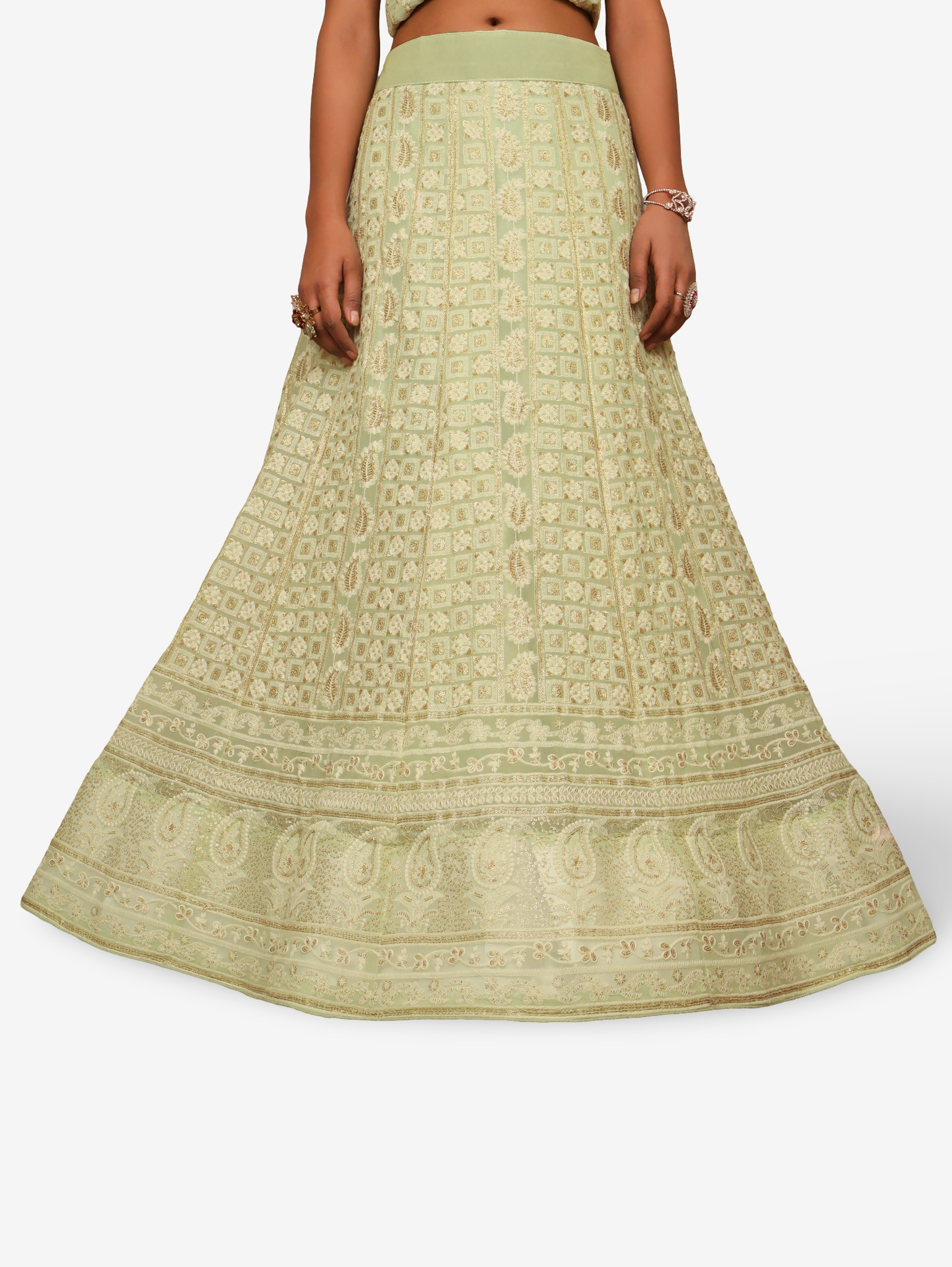 Semi-Stitched Lehenga with Embroidery &amp; Golden Sequin work by Shreekama L. Pista Green Semi-Stitched Lehenga for Party Festival Wedding Occasion in Noida