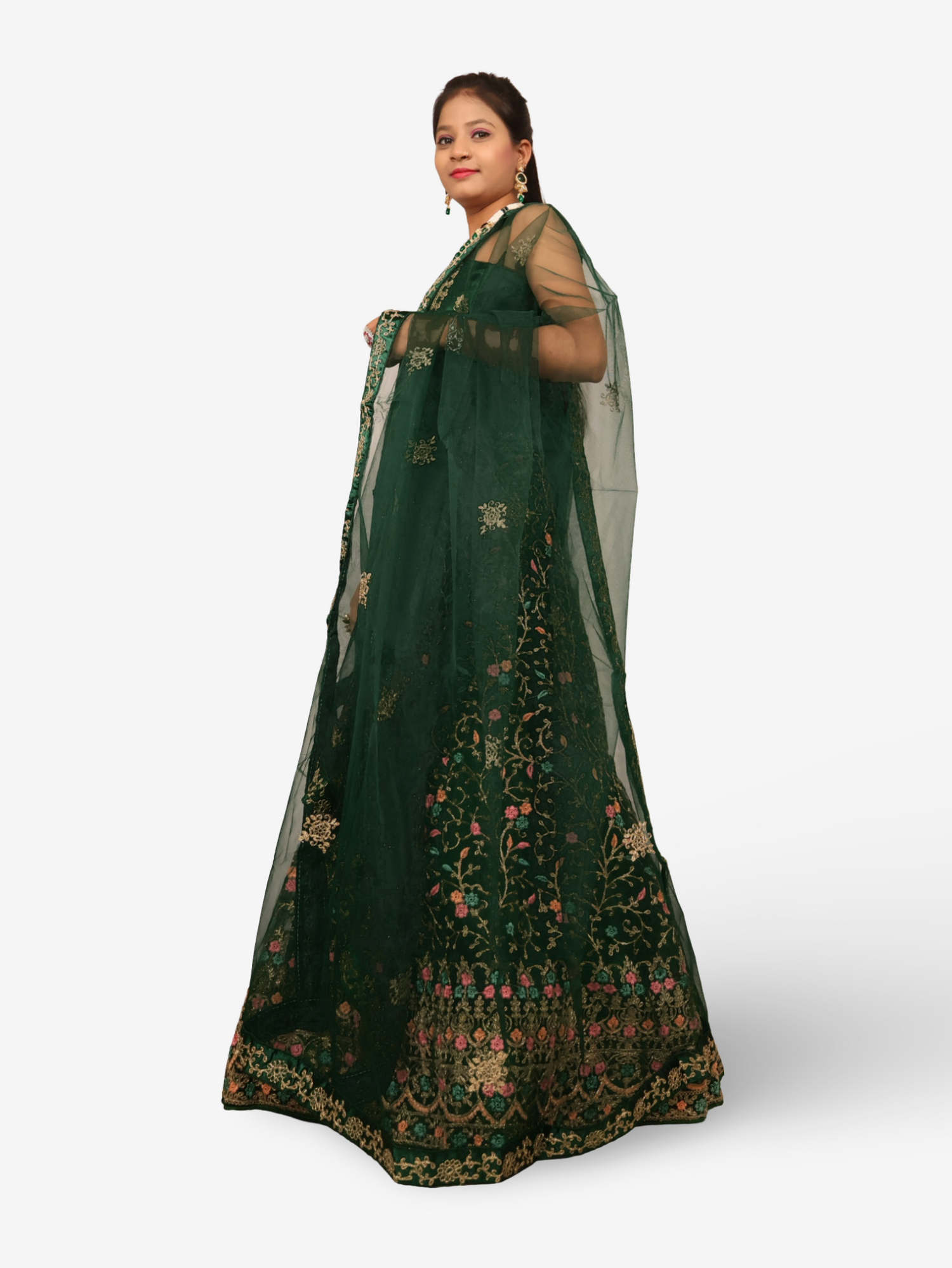 Semi-Stitched Lehenga with Embroidery &amp; Zari Thread Work by Shreekama Dark Green Semi-Stitched Lehenga for Party Festival Wedding Occasion in Noida