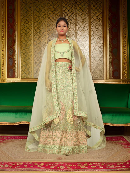 Semi-Stitched Lehenga with Embroidery &amp; Zari Thread Work by Shreekama Pista Green Semi-Stitched Lehenga for Party Festival Wedding Occasion in Noida