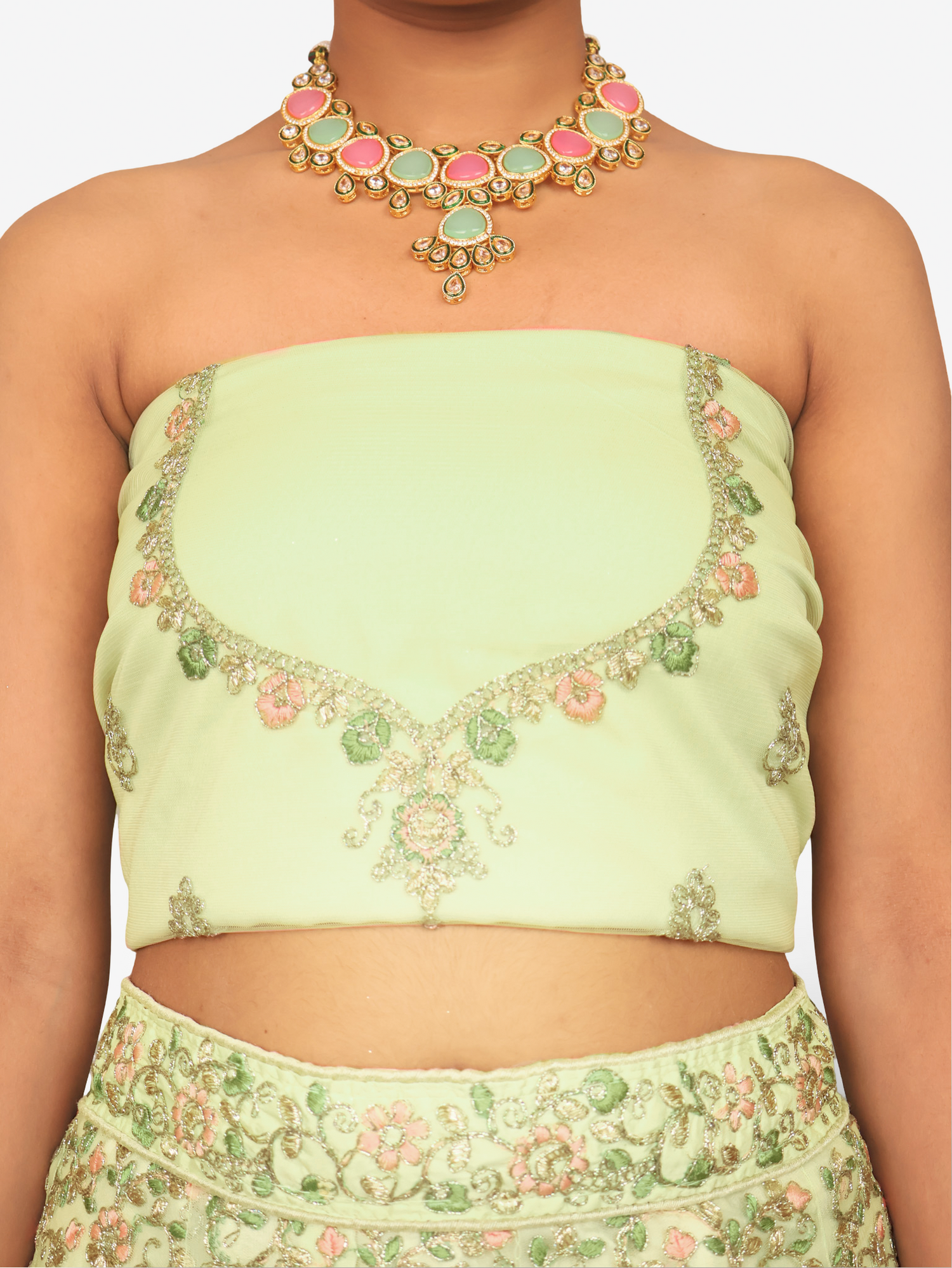 Semi-Stitched Lehenga with Embroidery &amp; Zari Thread Work by Shreekama Pista Green Semi-Stitched Lehenga for Party Festival Wedding Occasion in Noida