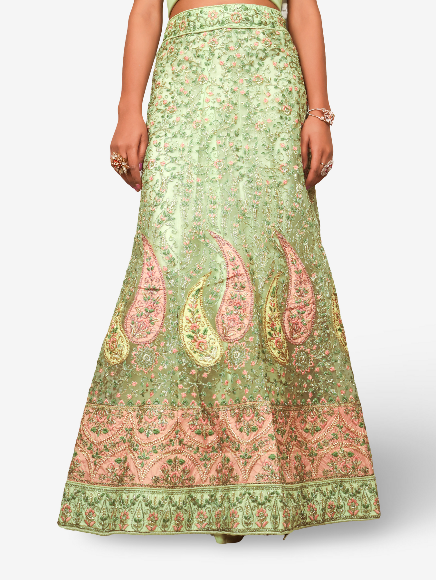 Semi-Stitched Lehenga with Embroidery &amp; Zari Thread Work by Shreekama Pista Green Semi-Stitched Lehenga for Party Festival Wedding Occasion in Noida