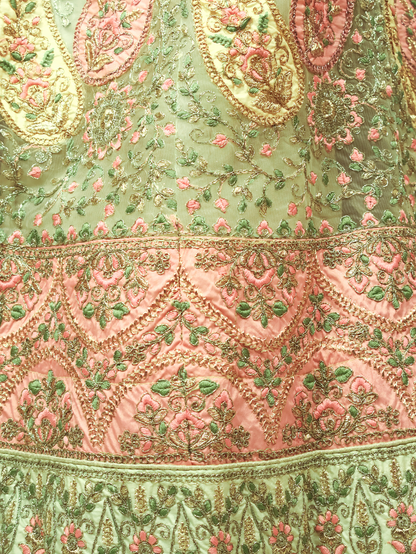 Semi-Stitched Lehenga with Embroidery &amp; Zari Thread Work by Shreekama Pista Green Semi-Stitched Lehenga for Party Festival Wedding Occasion in Noida