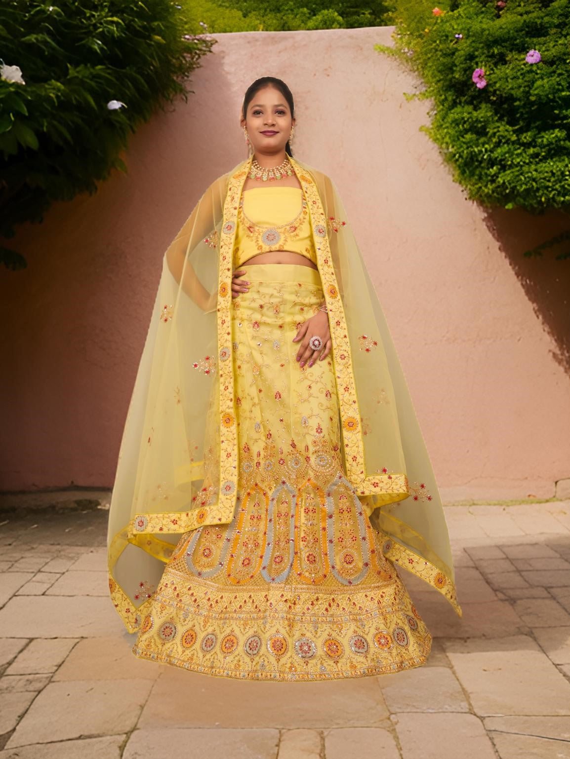 Semi-Stitched Lehenga with Embroidery &amp; Zari Thread Work by Shreekama Yellow Semi-Stitched Lehenga for Party Festival Wedding Occasion in Noida