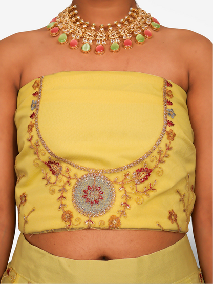 Semi-Stitched Lehenga with Embroidery &amp; Zari Thread Work by Shreekama Yellow Semi-Stitched Lehenga for Party Festival Wedding Occasion in Noida