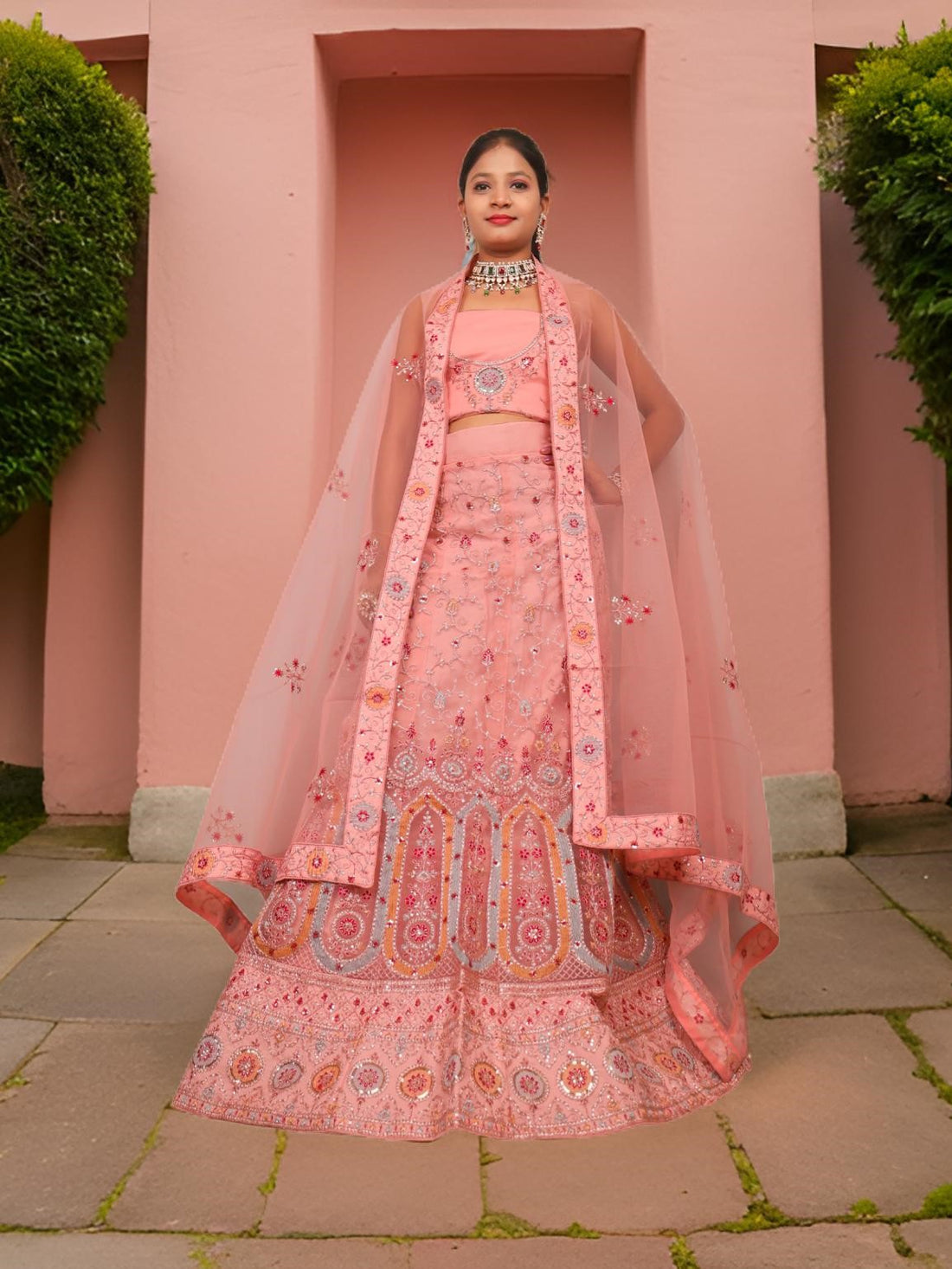 Semi-Stitched Lehenga with Embroidery &amp; Zari Thread Work by Shreekama Baby Pink Semi-Stitched Lehenga for Party Festival Wedding Occasion in Noida