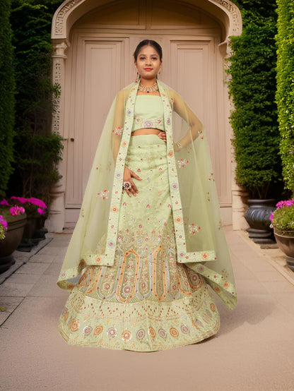 Semi-Stitched Lehenga with Embroidery &amp; Zari Thread Work by Shreekama Pista Green Semi-Stitched Lehenga for Party Festival Wedding Occasion in Noida