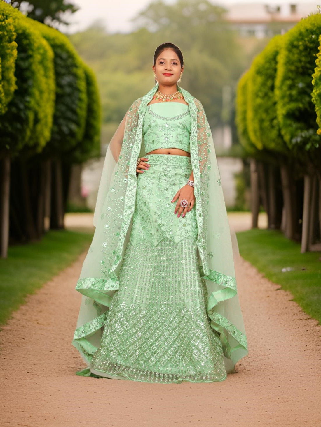 Semi-Stitched Lehenga with Soft Net Fabric &amp; Zari Thread Work by Shreekama Pista Green Semi-Stitched Lehenga for Party Festival Wedding Occasion in Noida