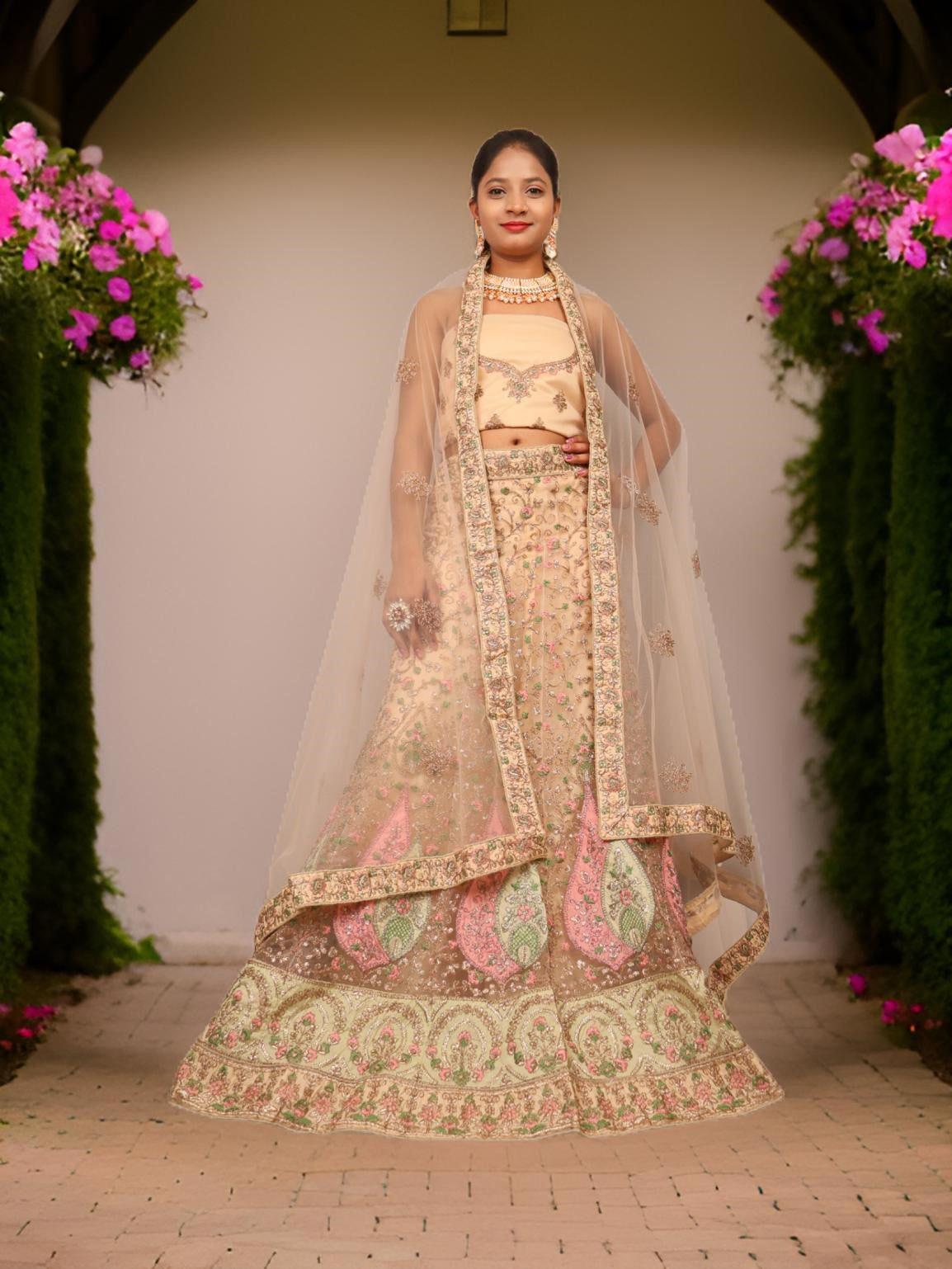 Semi-Stitched Lehenga with Soft Net Fabric &amp; Zari Thread Work by Shreekama Beige Semi-Stitched Lehenga for Party Festival Wedding Occasion in Noida