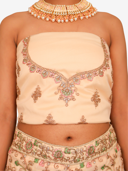 Semi-Stitched Lehenga with Soft Net Fabric &amp; Zari Thread Work by Shreekama Beige Semi-Stitched Lehenga for Party Festival Wedding Occasion in Noida