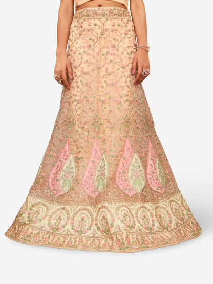 Semi-Stitched Lehenga with Soft Net Fabric &amp; Zari Thread Work by Shreekama Beige Semi-Stitched Lehenga for Party Festival Wedding Occasion in Noida