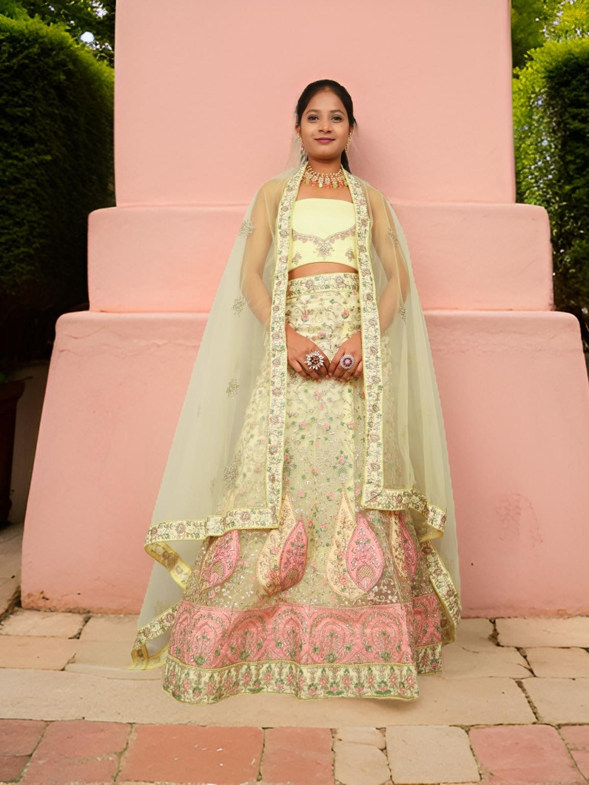 Semi-Stitched Lehenga with Soft Net Fabric &amp; Zari Thread Work by Shreekama Lemon Yellow Semi-Stitched Lehenga for Party Festival Wedding Occasion in Noida