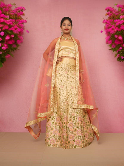 Semi-Stitched Lehenga with Soft Net Fabric &amp; Zari Thread Work by Shreekama Gold &amp; Pink Semi-Stitched Lehenga for Party Festival Wedding Occasion in Noida