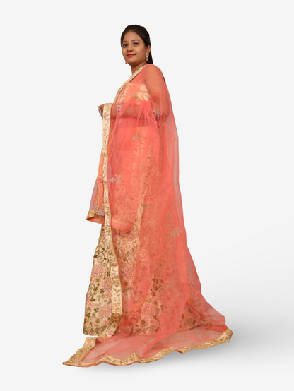 Semi-Stitched Lehenga with Soft Net Fabric &amp; Zari Thread Work by Shreekama Gold &amp; Pink Semi-Stitched Lehenga for Party Festival Wedding Occasion in Noida