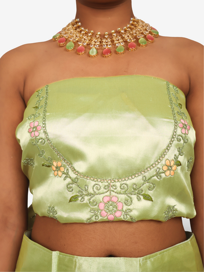 Semi-Stitched Lehenga with Soft Net Fabric &amp; Zari Thread Work by Shreekama Pista Green Semi-Stitched Lehenga for Party Festival Wedding Occasion in Noida