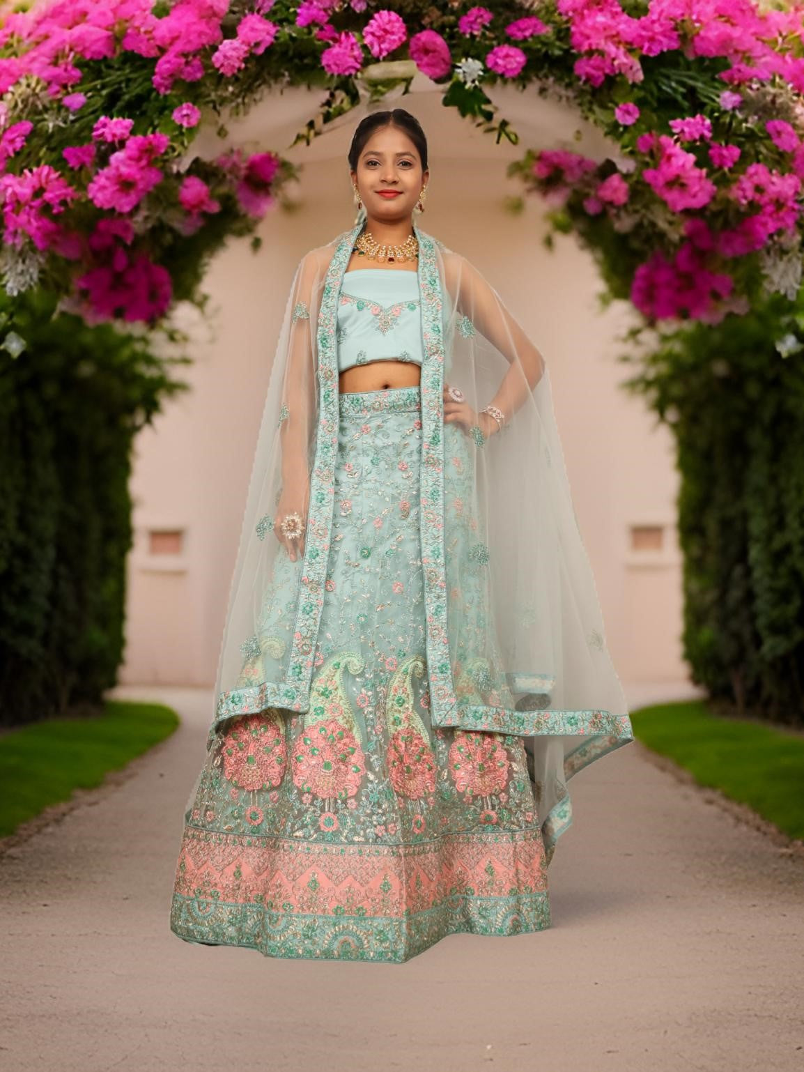 Semi-Stitched Lehenga with Soft Net Fabric &amp; Zari Thread Work by Shreekama